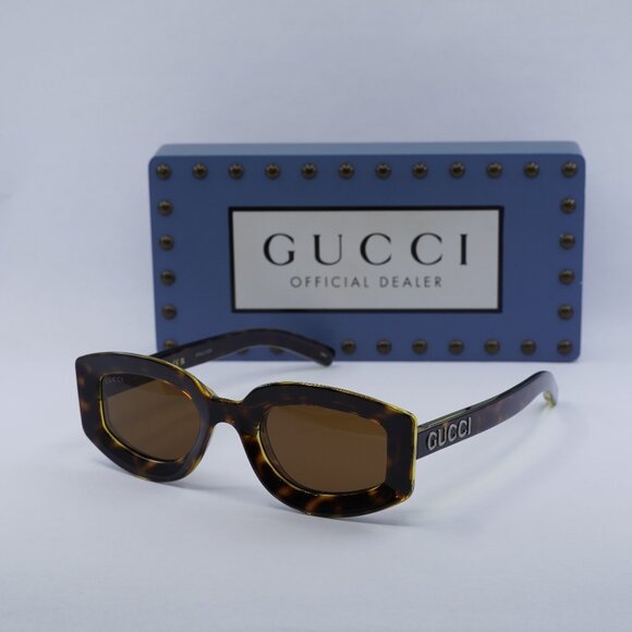 Gucci GG1719S 002 Geometric Sunglasses - Light Havana with Yellow - Picture 1 of 11